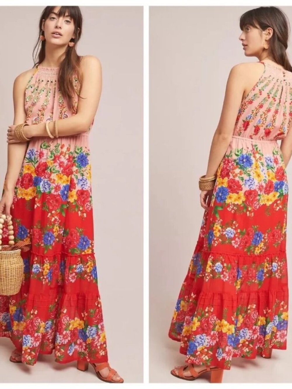 Vineet Bahl Atacama Pink Red Floral Sleeveless Maxi Anthropologie Dress Womens 2